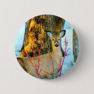 Whitetail Deer in Winter Snow Wildlife Watercolor 6 Cm Round Badge