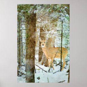 Whitetail Deer in Winter Snow Wildlife Watercolor Poster