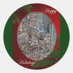 Whitetail Deer Spike Buck Happy Holidays Series Classic Round Sticker