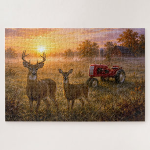 Whitetail Deer with Vintage Red Farm Tractor Jigsaw Puzzle