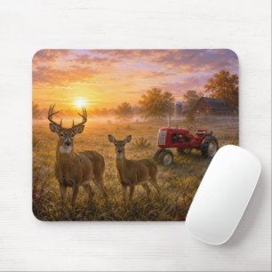 Whitetail Deer with Vintage Red Farm Tractor Mouse Mat