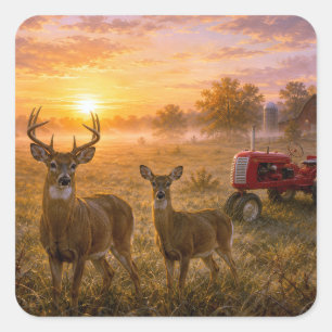 Whitetail Deer with Vintage Red Farm Tractor Square Sticker
