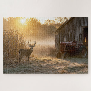 Whitetail Deer with Vintage Red Tractor Jigsaw Puzzle
