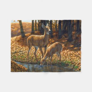 Whitetail Doe and Fawn Drinking from a Stream Fleece Blanket