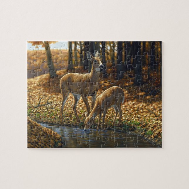 Whitetail Doe and Fawn Drinking from a Stream Jigsaw Puzzle (Horizontal)