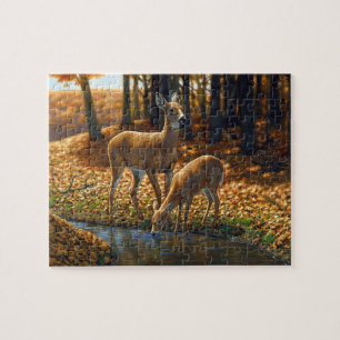 Whitetail Doe and Fawn Drinking from a Stream Jigsaw Puzzle