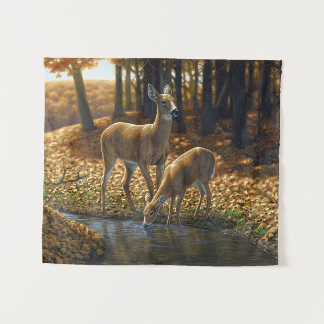 Whitetail Doe and Fawn Drinking from a Stream Tapestry (Front (Horizontal))