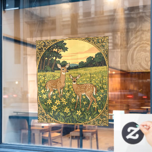 Whitetail Doe and Fawn With Yellow Flowers Window Cling