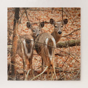 Whitetail Doe and her Fawn in the autumn Woods Jigsaw Puzzle
