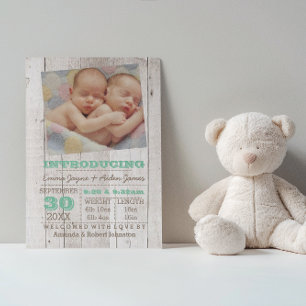 Whitewash Green Twins Photo Birth Announcement Postcard