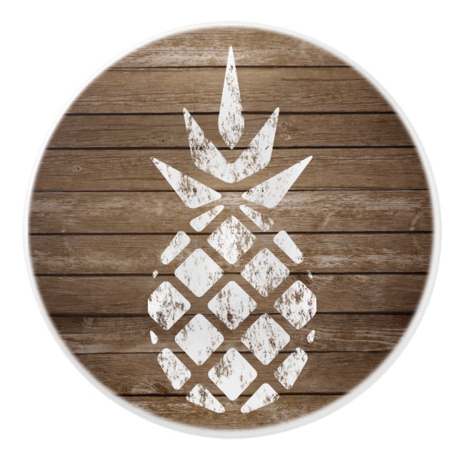 Whitewash Stamp Art Pineapple | Rustic Wood Ceramic Knob (Front)