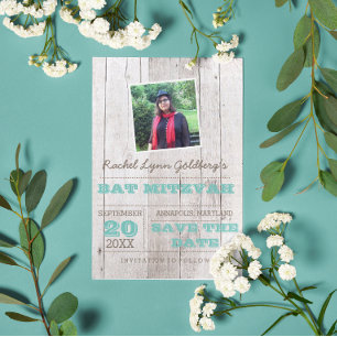 Whitewash Teal Bat Mitzvah Photo Save Date Announcement Postcard