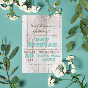 Whitewash Teal Bat Mitzvah Save the Date Announcement Postcard