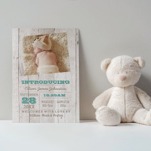 Whitewash Teal  Photo Birth Announcement
