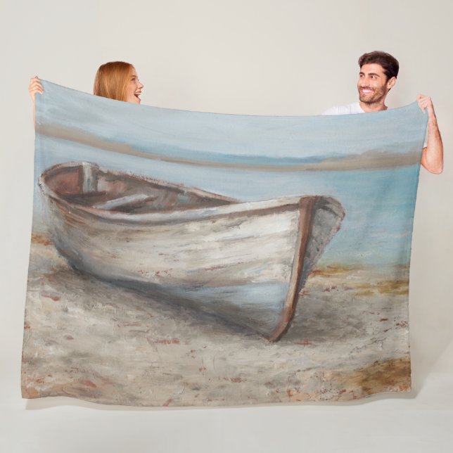 Whitewashed Boat on the Shore Fleece Blanket (In Situ)