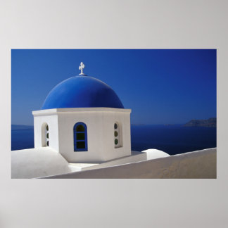 Whitewashed Church with Blue Dome, Santorini Poster
