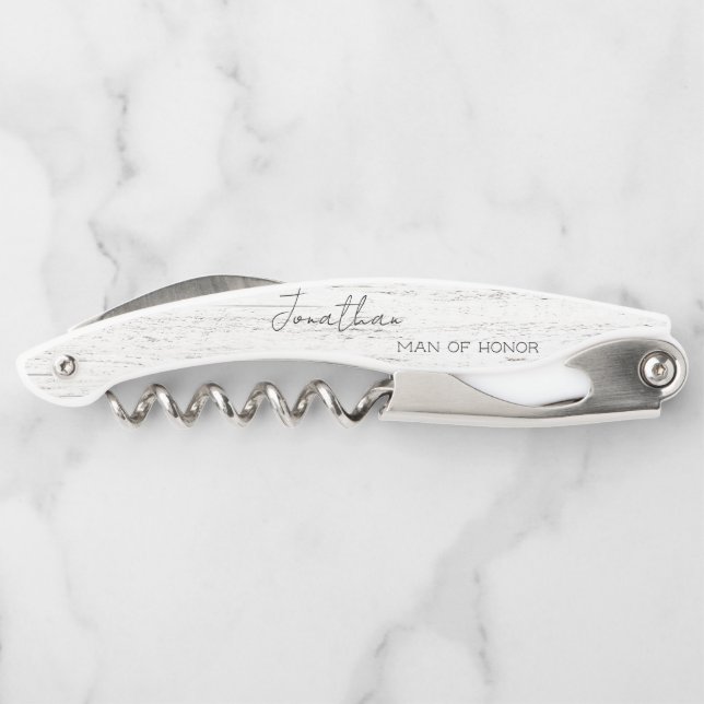 Whitewashed Wood Personalised Bridal Party Corkscrew (Back)