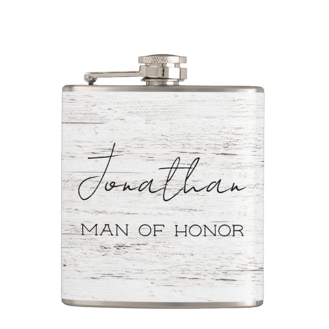 Whitewashed Wood Personalised Man of Honour  Hip Flask (Front)