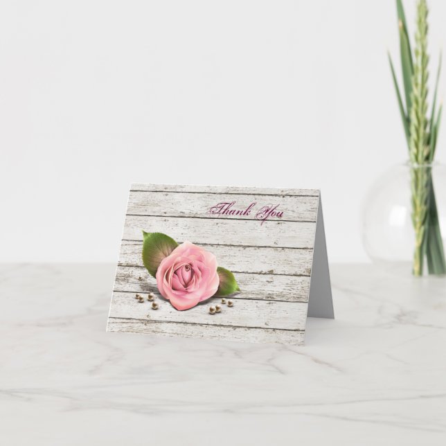 whitewashed wood pink rose french country wedding thank you card (Front)