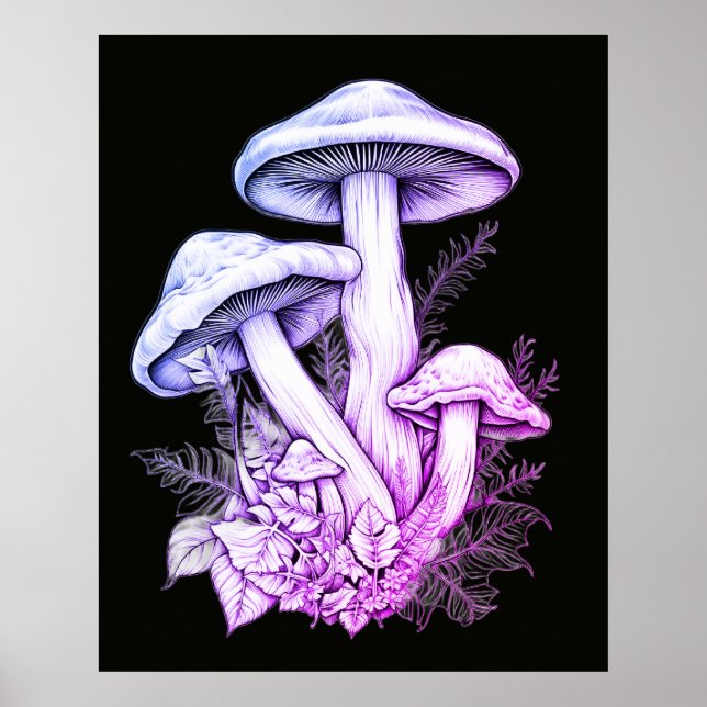 Whitish Purple Mushrooms Black Background Wall Poster (Front)