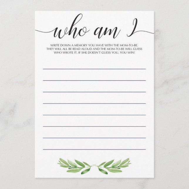 Who Am I Baby Shower Game Gender Neutral  (Front)