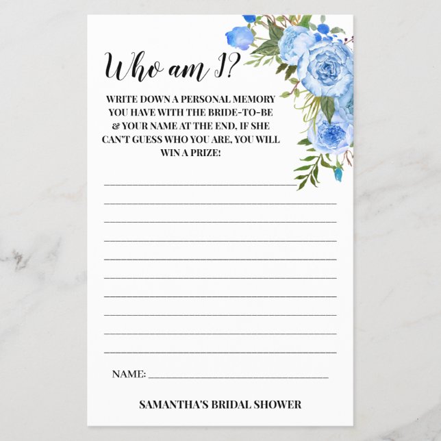 Who am I? Bridal Shower Blue Flowers Game Card (Front)
