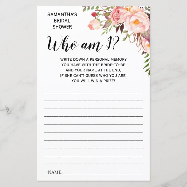 Who am I? bridal shower english spanish game (Front)