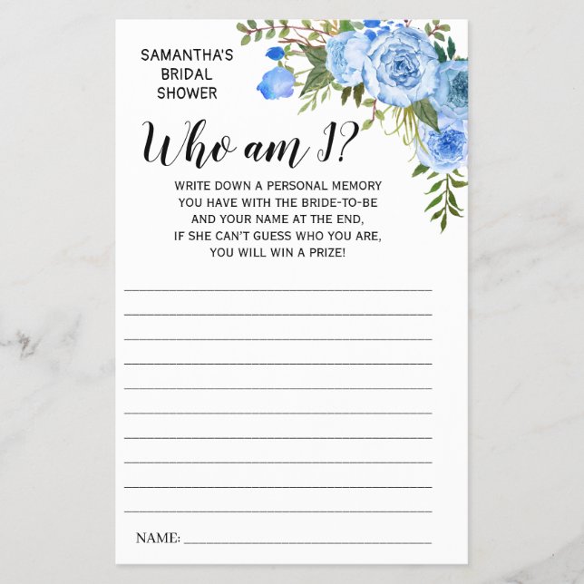 Who am I? Bridal Shower English Spanish Game Card (Front)