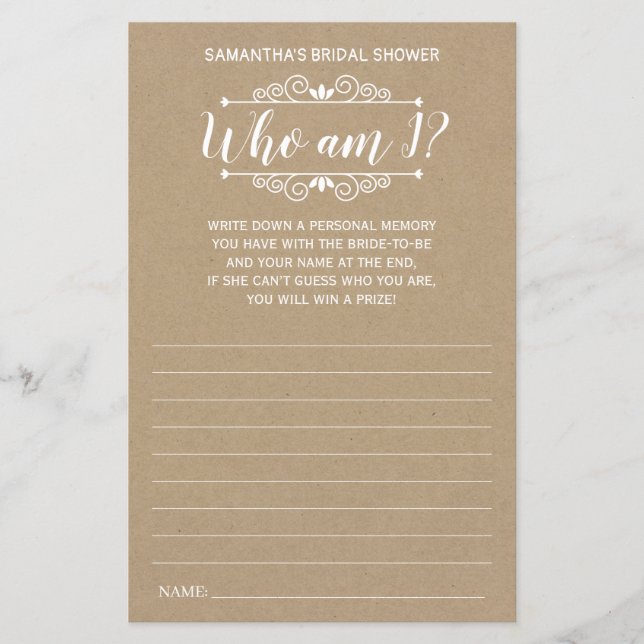 Who am I bridal shower english spanish rustic game (Front)