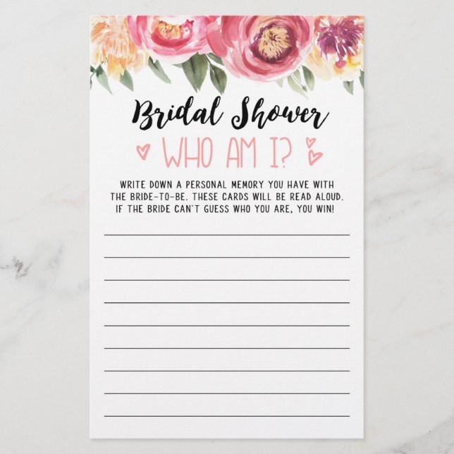 Who am I Bridal Shower or Hen Party game (Front)