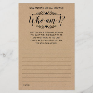 Who am I Bridal Shower Rustic game Card