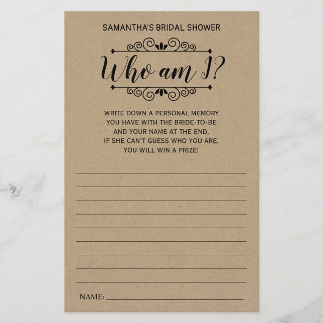 Who am I Bridal Shower Rustic game Card (Front)