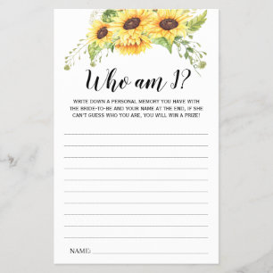 Who am I Bridal Shower Sunflowers Game Card