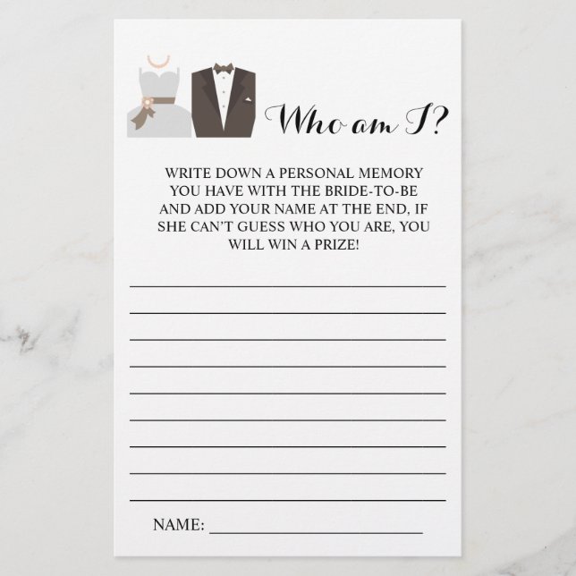 Who am i? Bride & Groom Bridal Shower Game Card (Front)