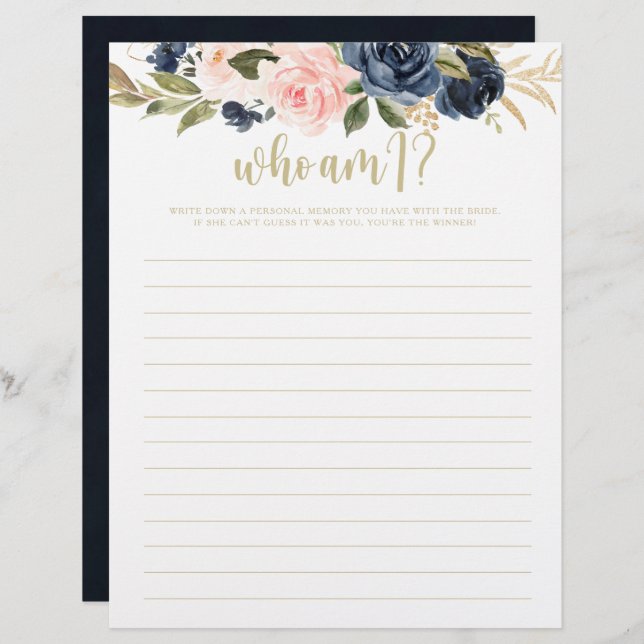 Who Am I Floral Gold Bridal Shower Game (Front/Back)