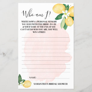 Who am I? Lemon Pink Bridal Shower Game Card