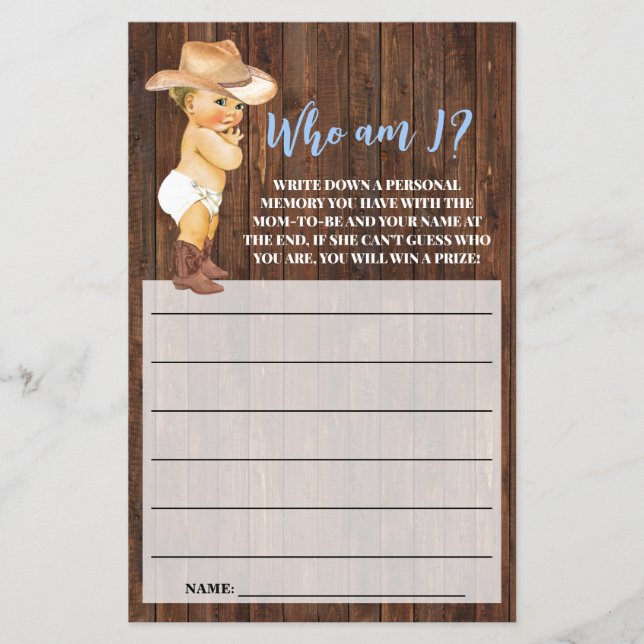 Who am I Little Cowboy Pink Baby Shower Game Card (Front)