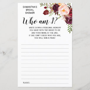 Who am I? Marsala Flowers Bridal Shower Game