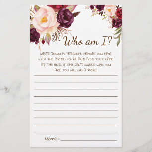 Who am I? Marsala Flowers Bridal Shower Game Card