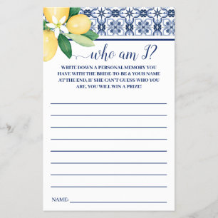 Who am I? Mediterranean Lemons Shower Game Card