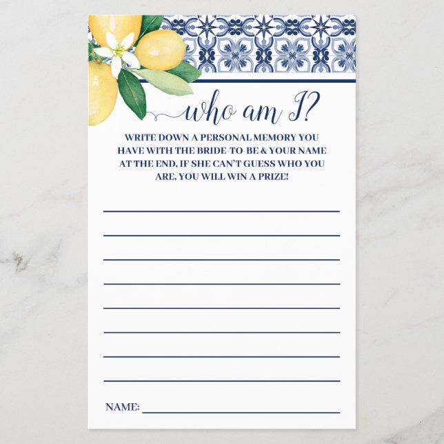 Who am I? Mediterranean Lemons Shower Game Card (Front)