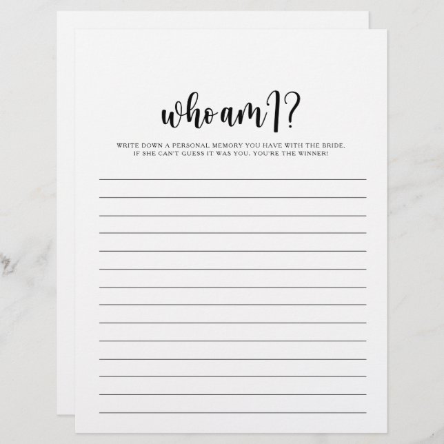 Who Am I Minimalist Bridal Shower Game (Front/Back)