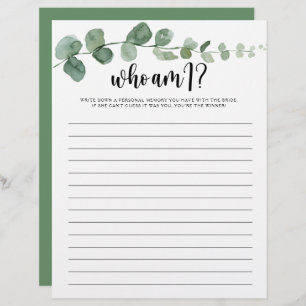 Who Am I Minimalist Eucalyptus Bridal Shower Game