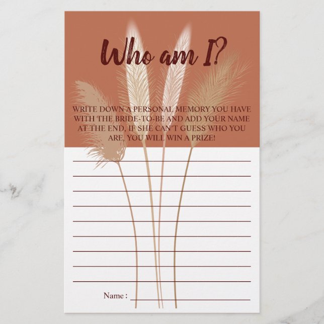 Who am I? Pampas Bridal Shower Game Card (Front)