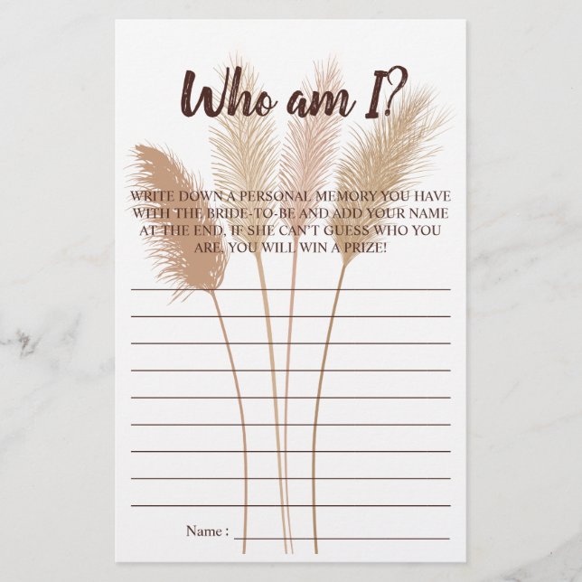 Who am I? Pampas Bridal Shower Game Card (Front)