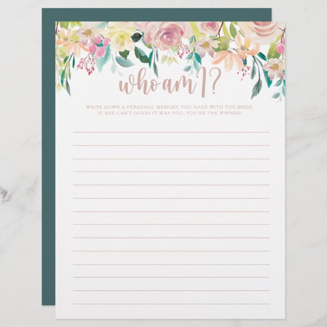 Who Am I Rose Gold Floral Bridal Shower Game (Front/Back)