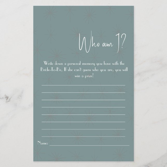 Who Am I? Shower Game Flyer (Front)