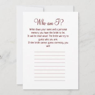 who am i simple bridal shower game holiday card