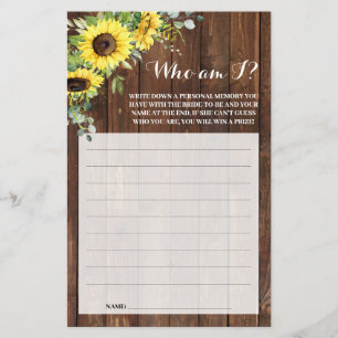 Who am I Sunflower Western Bridal Shower Game Card
