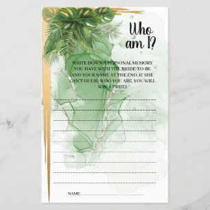 Who am I Tropical Palm  Bridal Shower Game Card